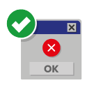 How to support legacy software systems icon - Old software box that is grey with a blue banner. The box has a red cross in them middle and an "OK" button underneath. To the top left, there is a green checkmark