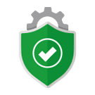 How to support legacy software systems icon - Green shield with a white checkmark in the centre, and half a gear behind the shield at the top
