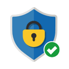 How to support legacy software systems icon - There is a blue shield with a padlock in the centre, and a green checkmark to the bottom right corner.