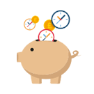 How to support legacy software systems icon - A neutral coloured piggy bank, which has clocks and coins entering at the top.