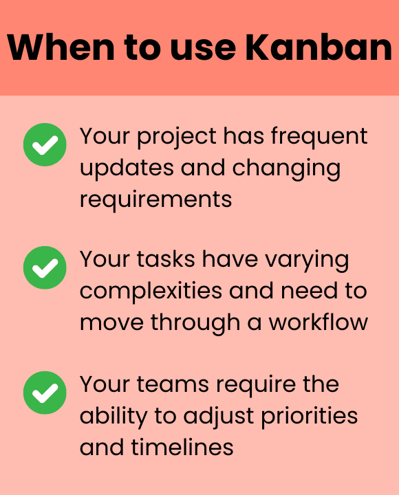 Scrum vs. Kanban: Which Framework is Best for You? Image shows a sticky note that includes the following text: Title: When to use Kanban Bullet 1: Your project has frequent updates and changing requirements Bullet 2: Your tasks have varying complexities and need to move through a workflow Bullet 3: Your teams require the ability to adjust priorities and timelines