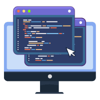 5 Reasons to Outsource Development Blog. Icon shows a computer screen with two screens showing code, showing software development.