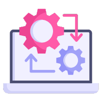 5 Reasons to Outsource Development Blog. Icon shows a laptop with two gears that are pointing to each other, showing automation.