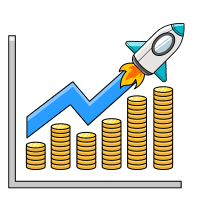 5 Reasons to Outsource Development Blog. Icon shows a bar graph that is on an upward trajectory, with a rocket following the graph, showing increased focus.