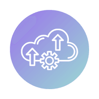 Image showing cloud with gear and upward arrows, representing migrating data for our digital transformation service