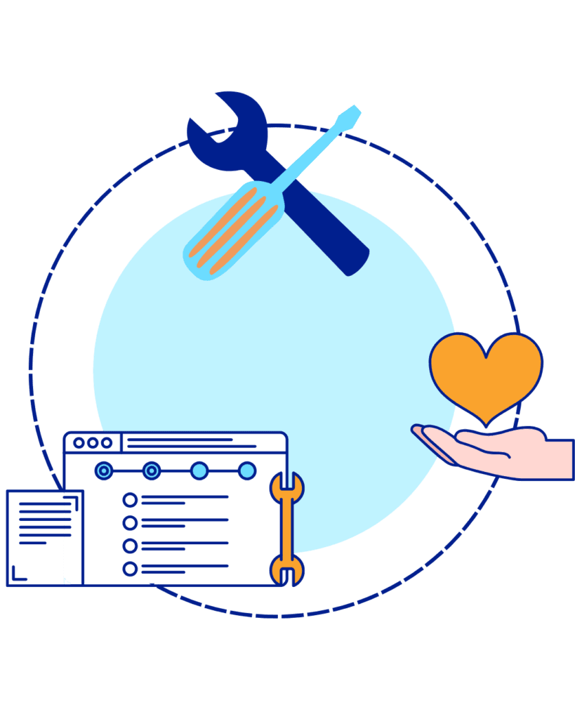 Illustration that represents software system support, including a screwdriver and spanners, hand holding a heart, and application with spanner.