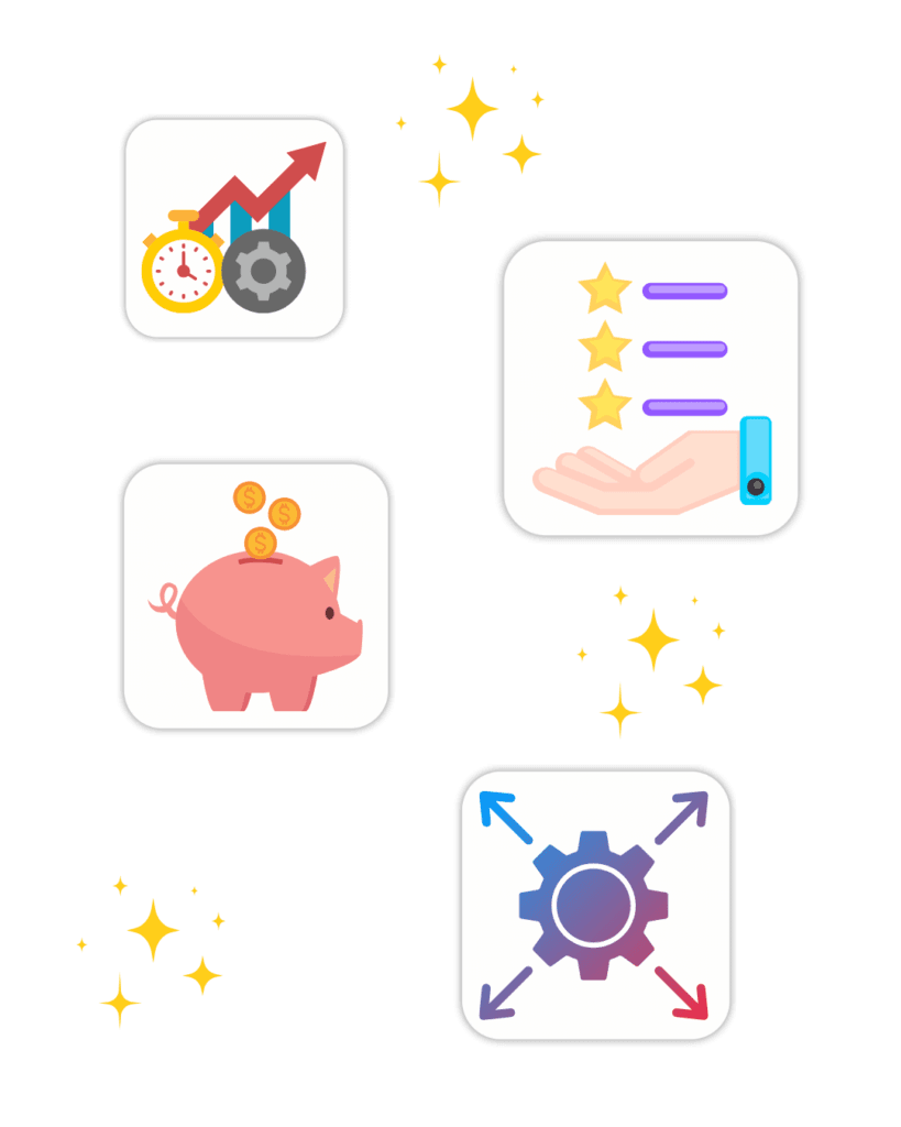 Illustration showing benefits of API services including improved efficiency, enhanced functionality, cost savings, and scalable system integration