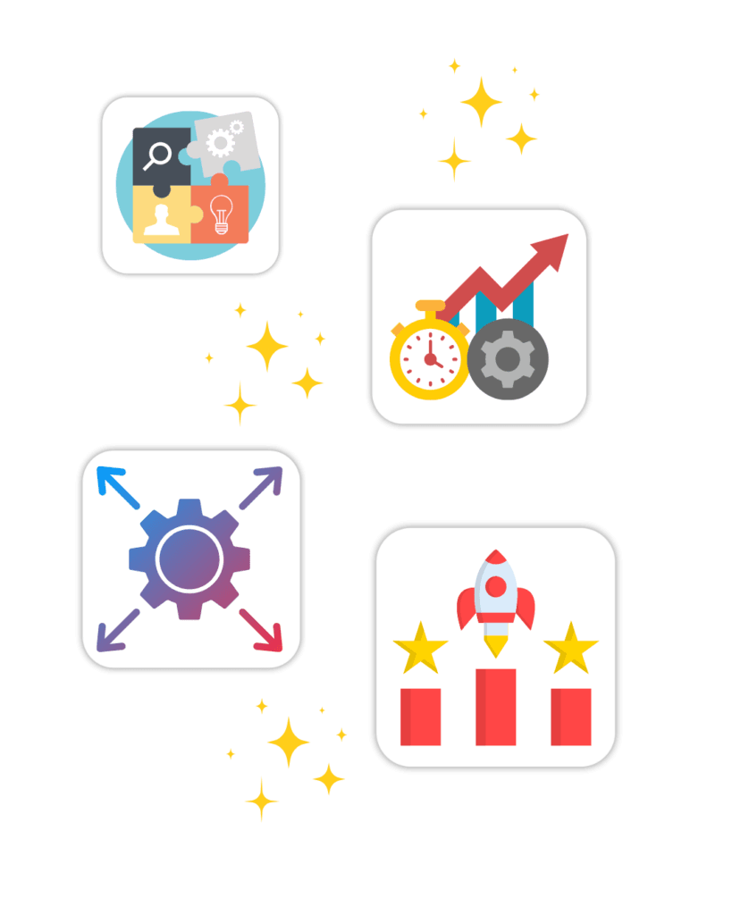 Icon showing the benefits of custom app development, including tailored solutions, increased efficiency, scalability and competitive advantage